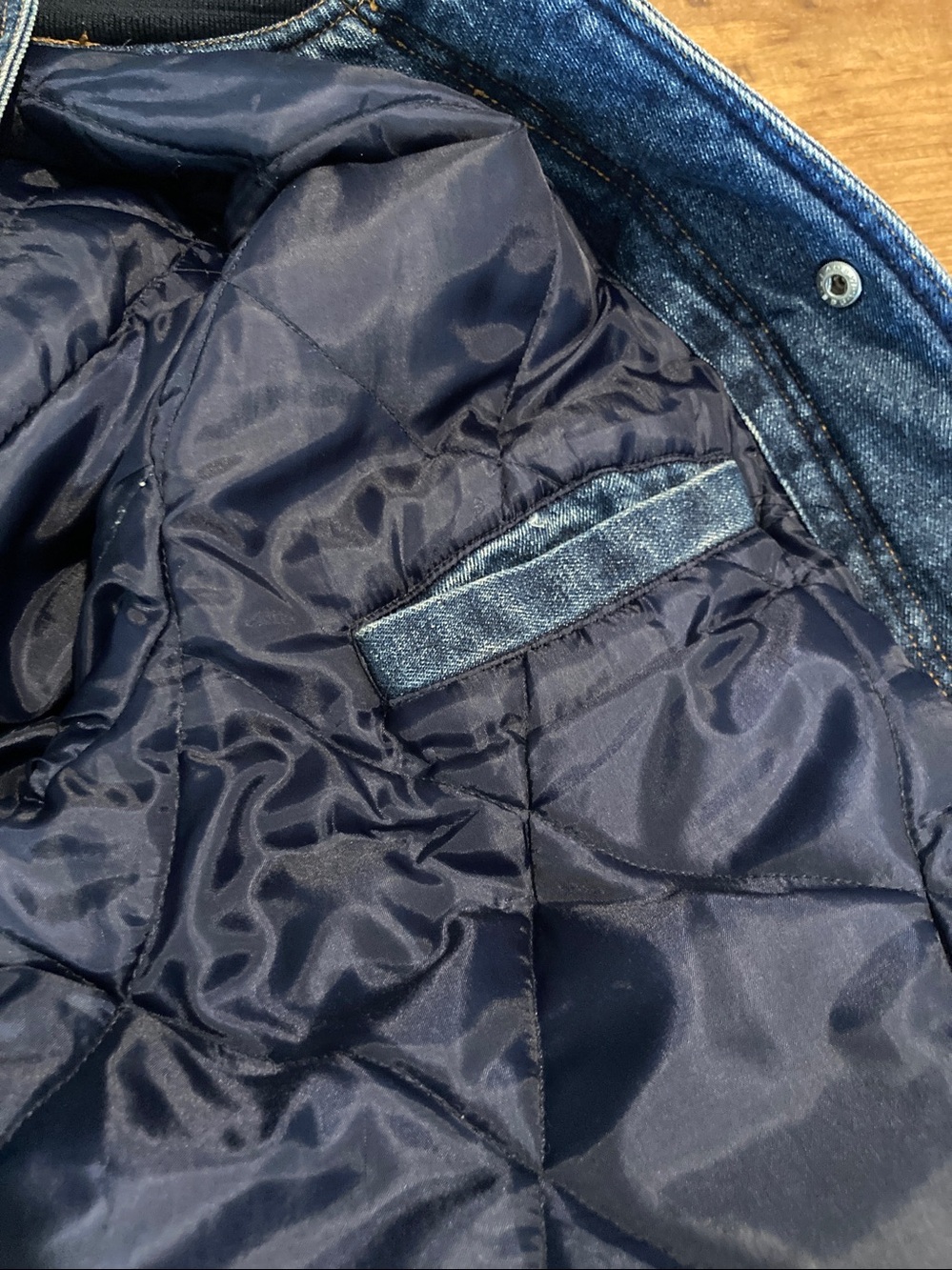 Vintage Blue Denim Bomber Jacket with Tan Sleeves - Picture 10 of 14